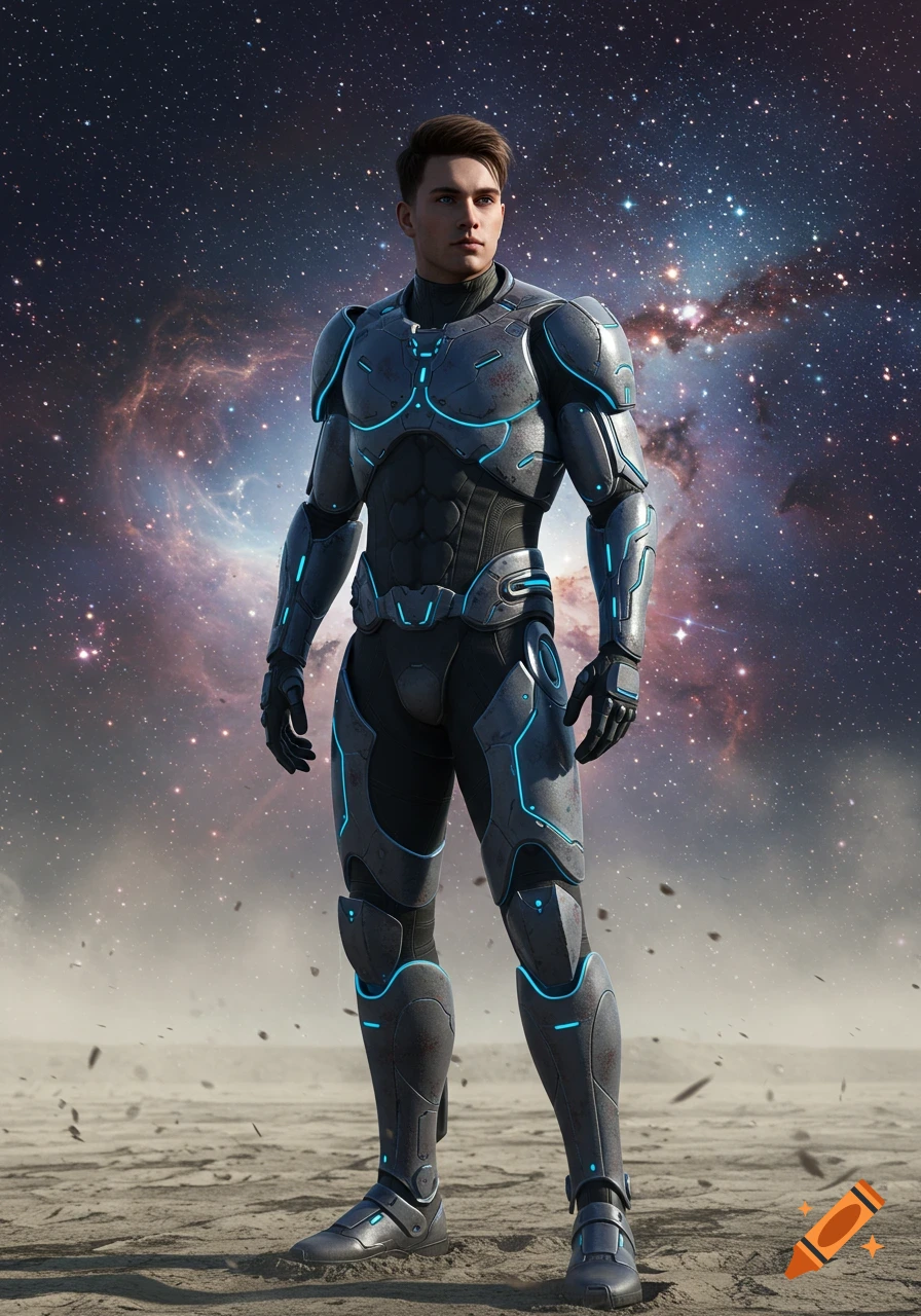 A young male space marine in detailed grey and blue futuristic armor stands on a barren planet against a vibrant cosmic nebula.
