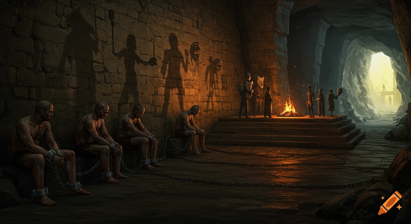 Chained prisoners in a dark cave watch flickering shadows on a stone wall, while robed figures perform a ritual around a fire, with a bright cave exit in the distance.