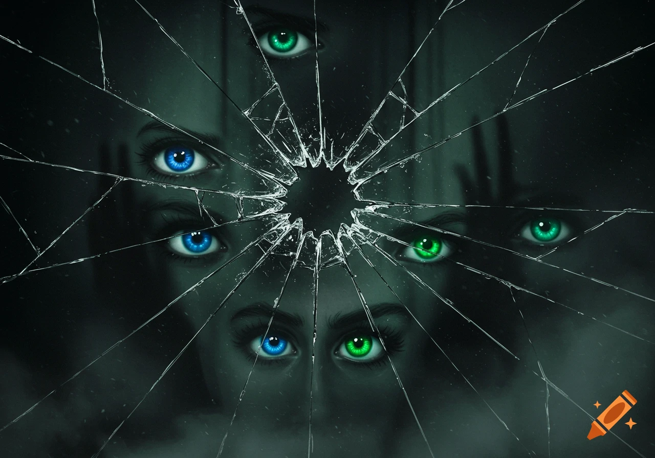 Multiple blue and green eyes reflected behind a darkly cracked mirror with a central impact point.