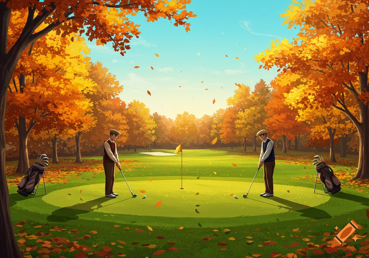 Stylized illustration of two men playing golf on an autumn course with vibrant orange trees and falling leaves.