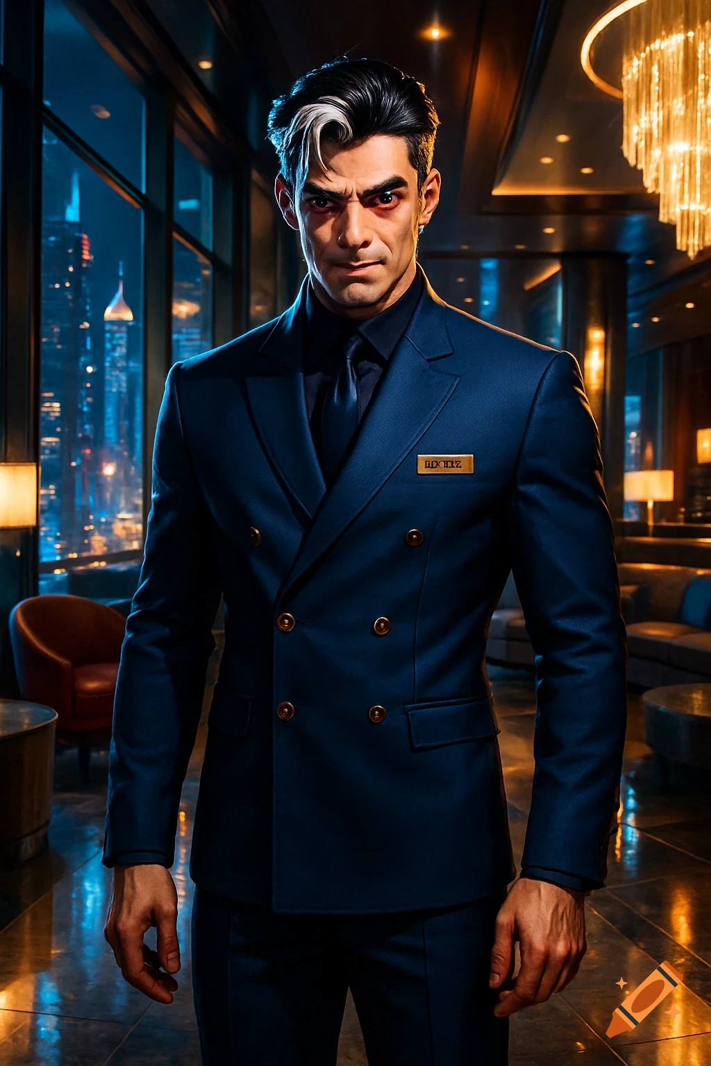 A man resembling Miguel O'Hara in a dark blue suit stands in a futuristic hotel lobby with a city view at night, digital art style.