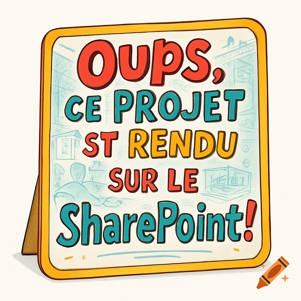 A cartoonish sign with a yellow border and white background, featuring bold, colorful text in French: 'Oups, ce projet ST rendu sur le SharePoint!'. The background has faint architectural sketches.
