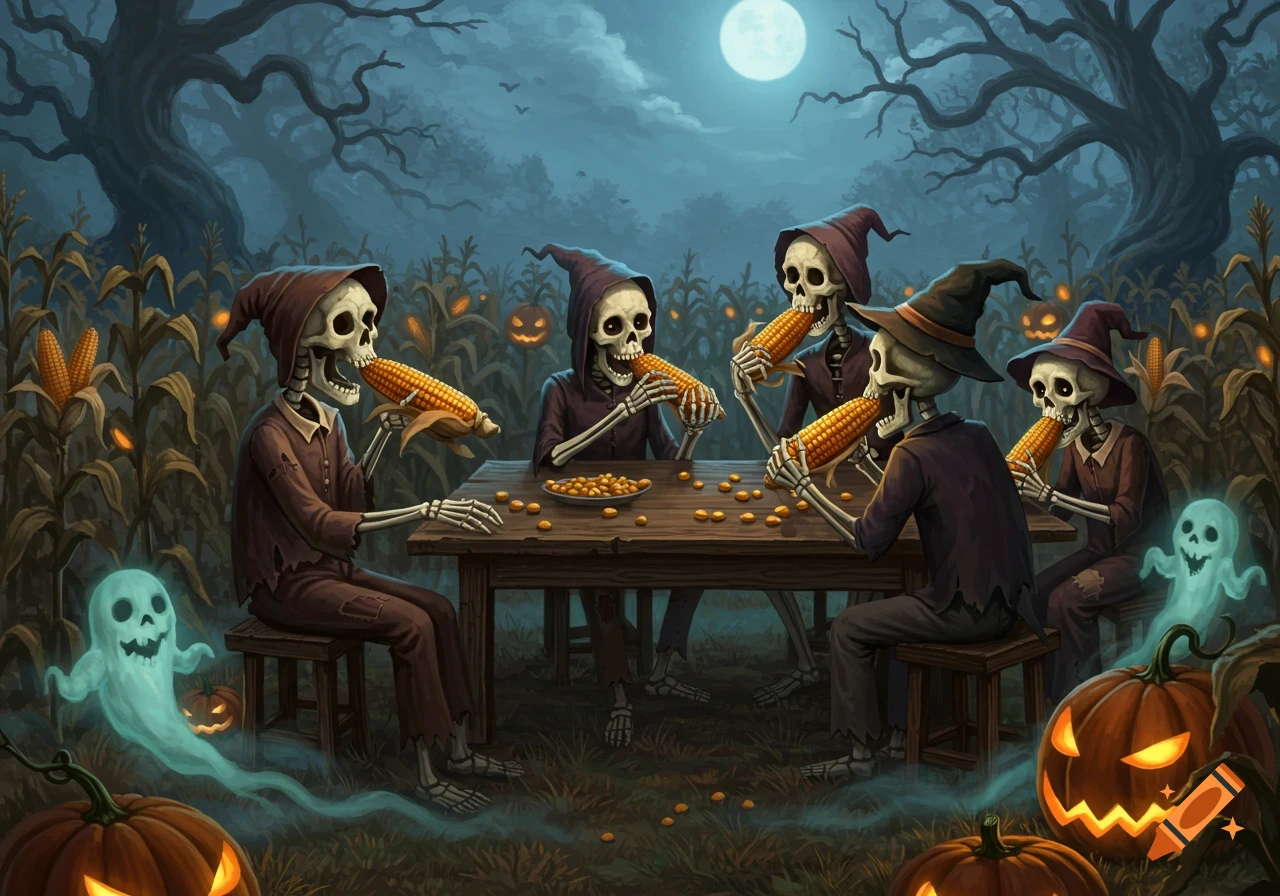 Five skeletons in hooded robes eat corn at a table in a moonlit Halloween cornfield, with glowing pumpkins and small ghosts.