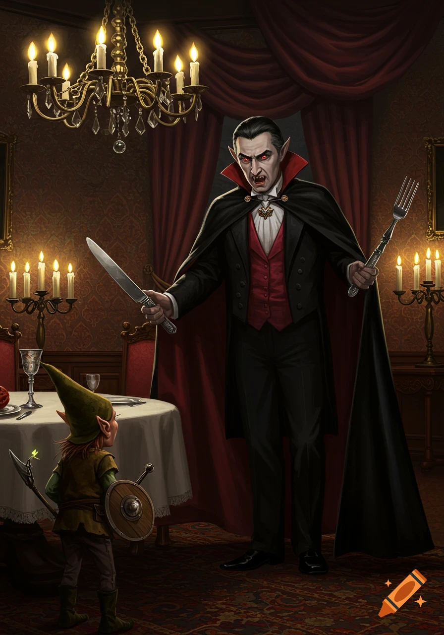 A vampire in a suit and cape holds a knife and a giant fork, confronting a small elf with a shield and axe in a candlelit room.