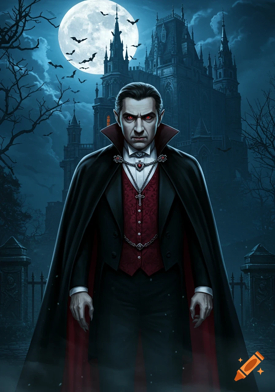 A stylized portrait of Dracula with red eyes and a black cape, standing before a gothic castle under a full moon with bats flying.