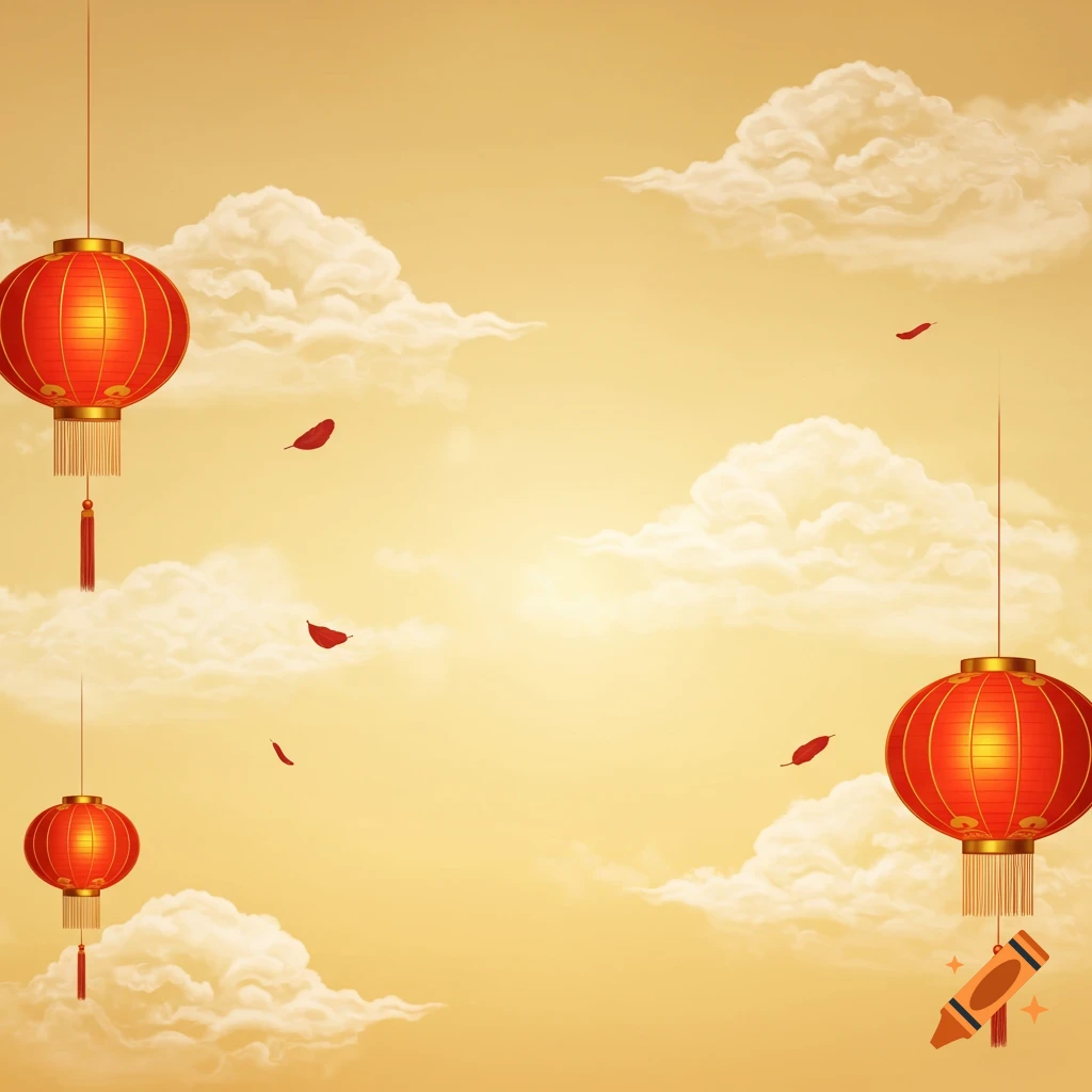 Three red Chinese lanterns hang in a light golden sky with stylized white clouds and red petals, in an illustrative style.
