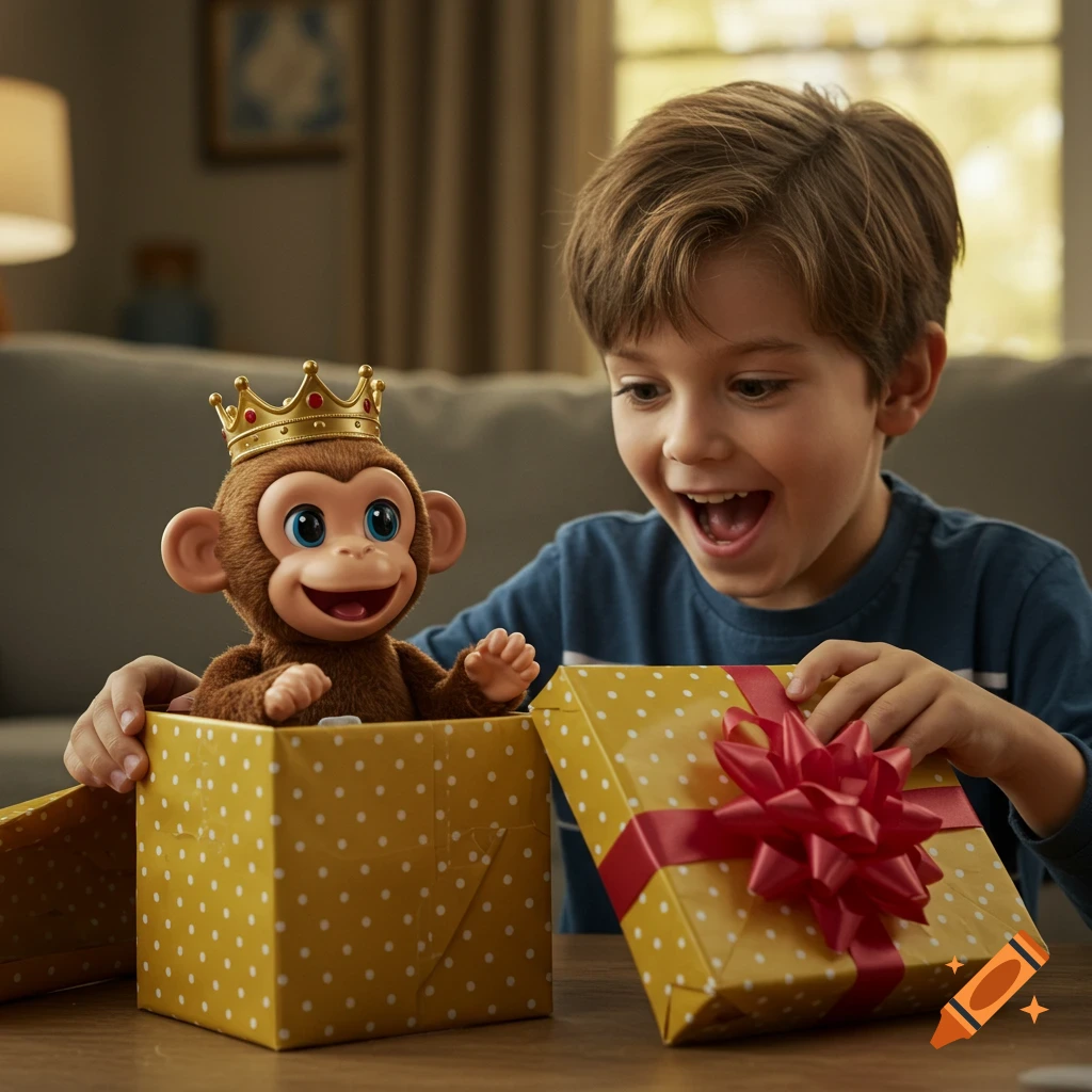 A joyful boy opens a polka-dotted gift box to reveal a brown toy monkey wearing a gold crown.
