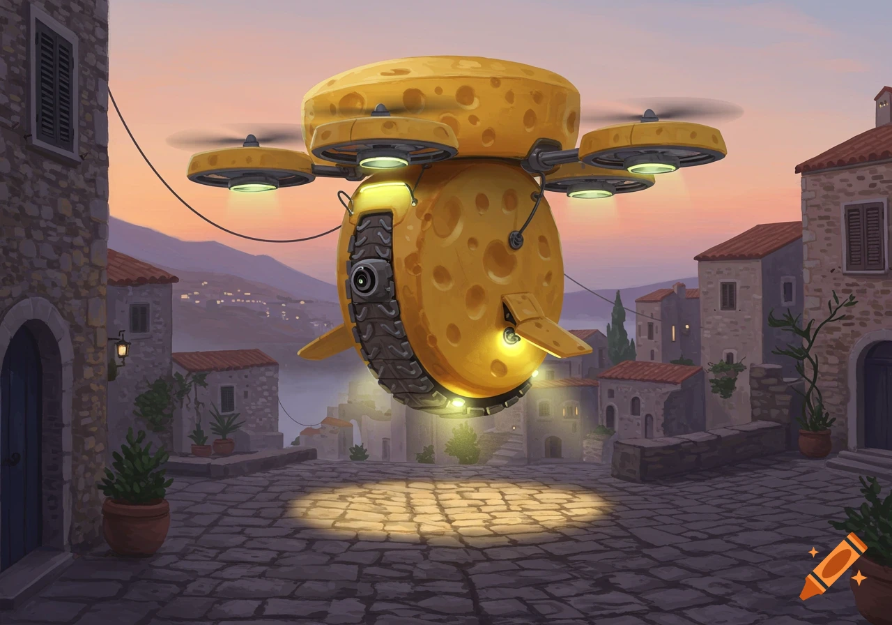 An illustrated cheese-wheel drone with treads and propellers hovers over a cobbled street in a Mediterranean village at sunset.