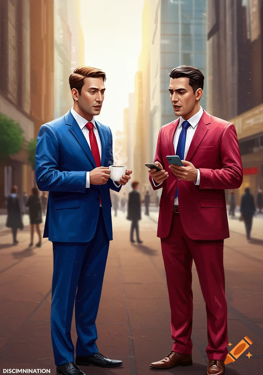 Two businessmen, one in a blue suit holding coffee, and another in a red suit holding phones, talk on a city street.