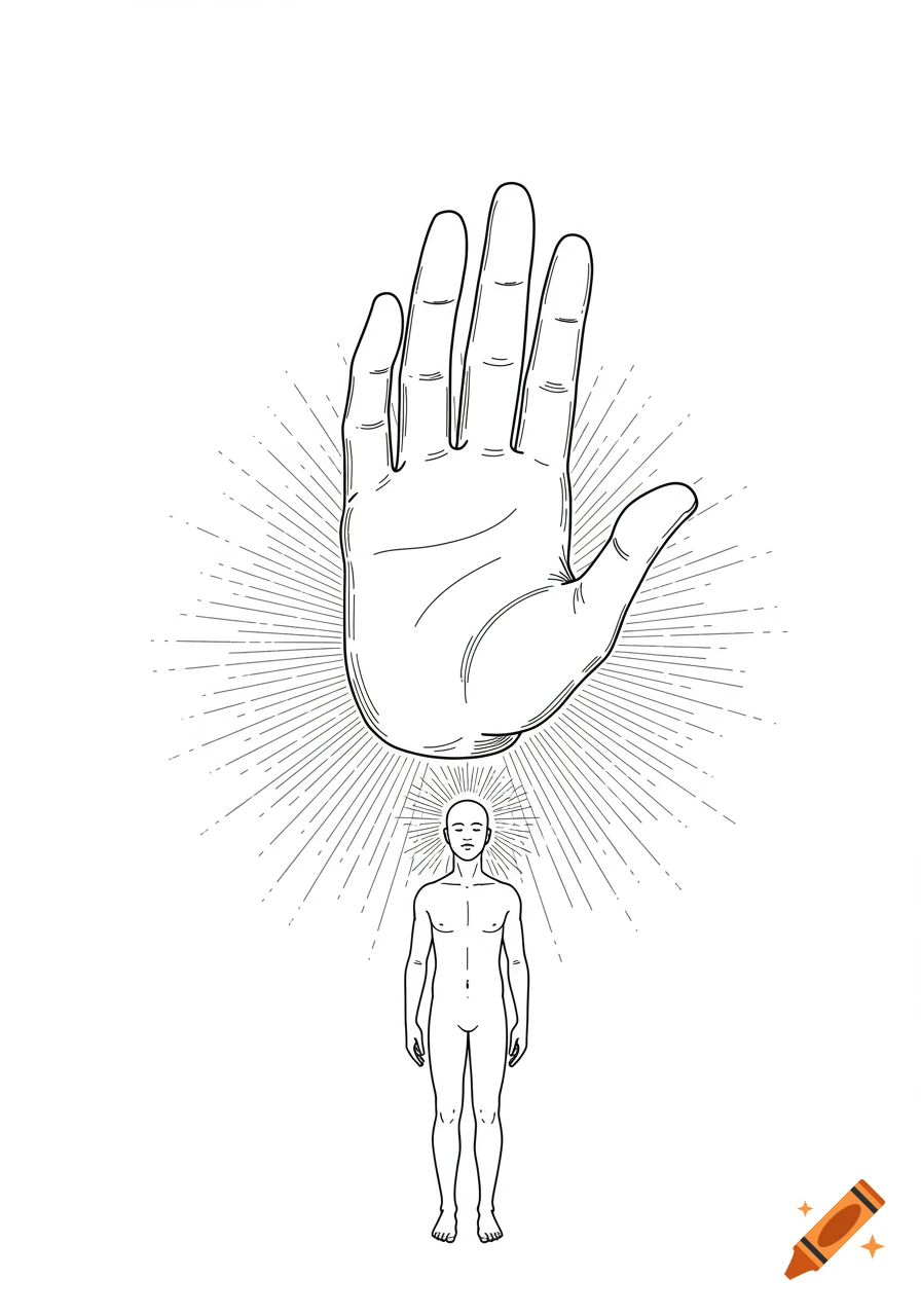 Line art drawing of a large open hand with radiating lines above a small, nude human figure.