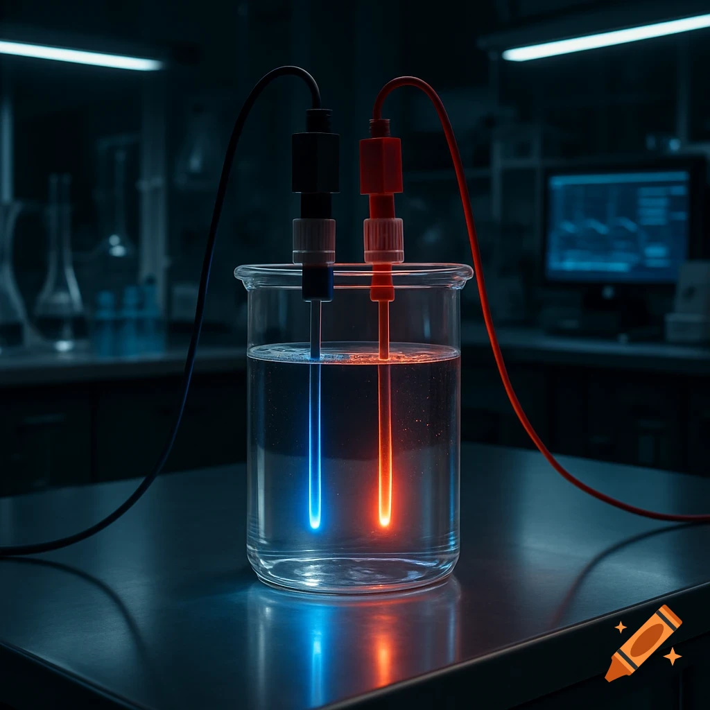 A photorealistic image of an electrolyzer cell in a dark lab, with blue and red glowing electrodes in a beaker.
