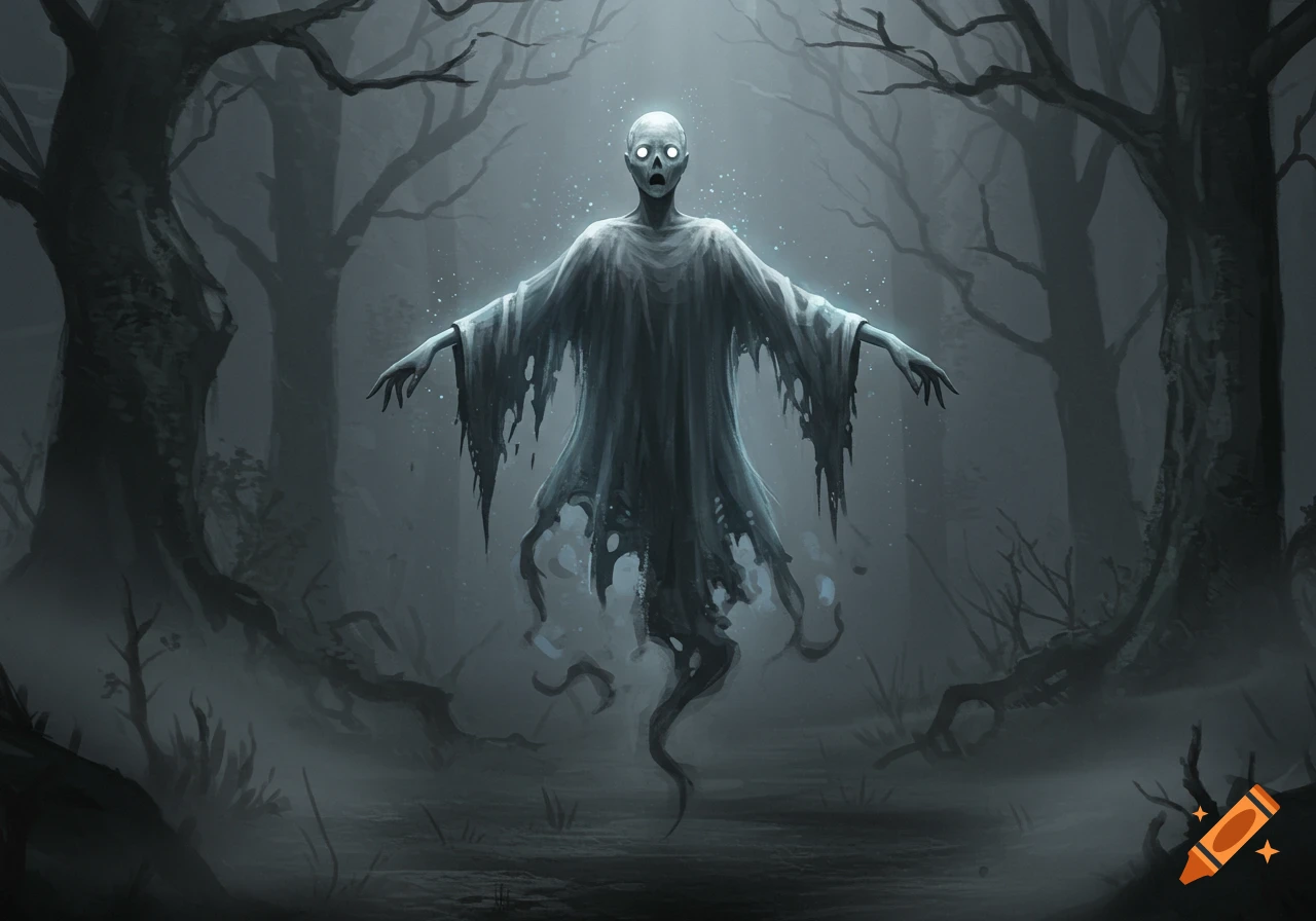 A creepy white skeletal ghost with glowing eyes and tattered robes floats in a dark, foggy forest, its arms outstretched in a t-pose.