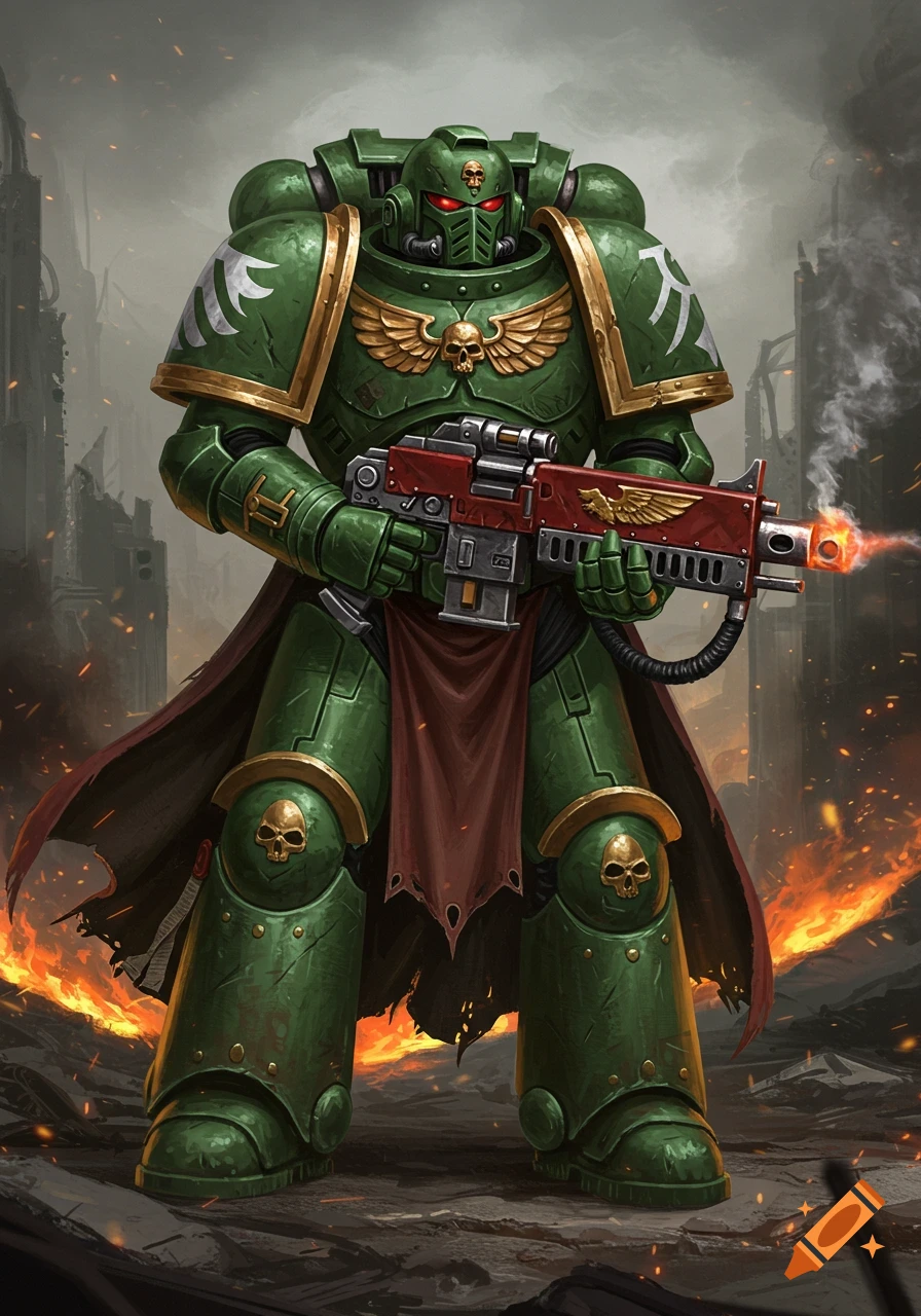 A heavily armored green Space Marine, a Salamander, stands amidst a fiery, war-torn landscape, holding a red weapon that is firing.