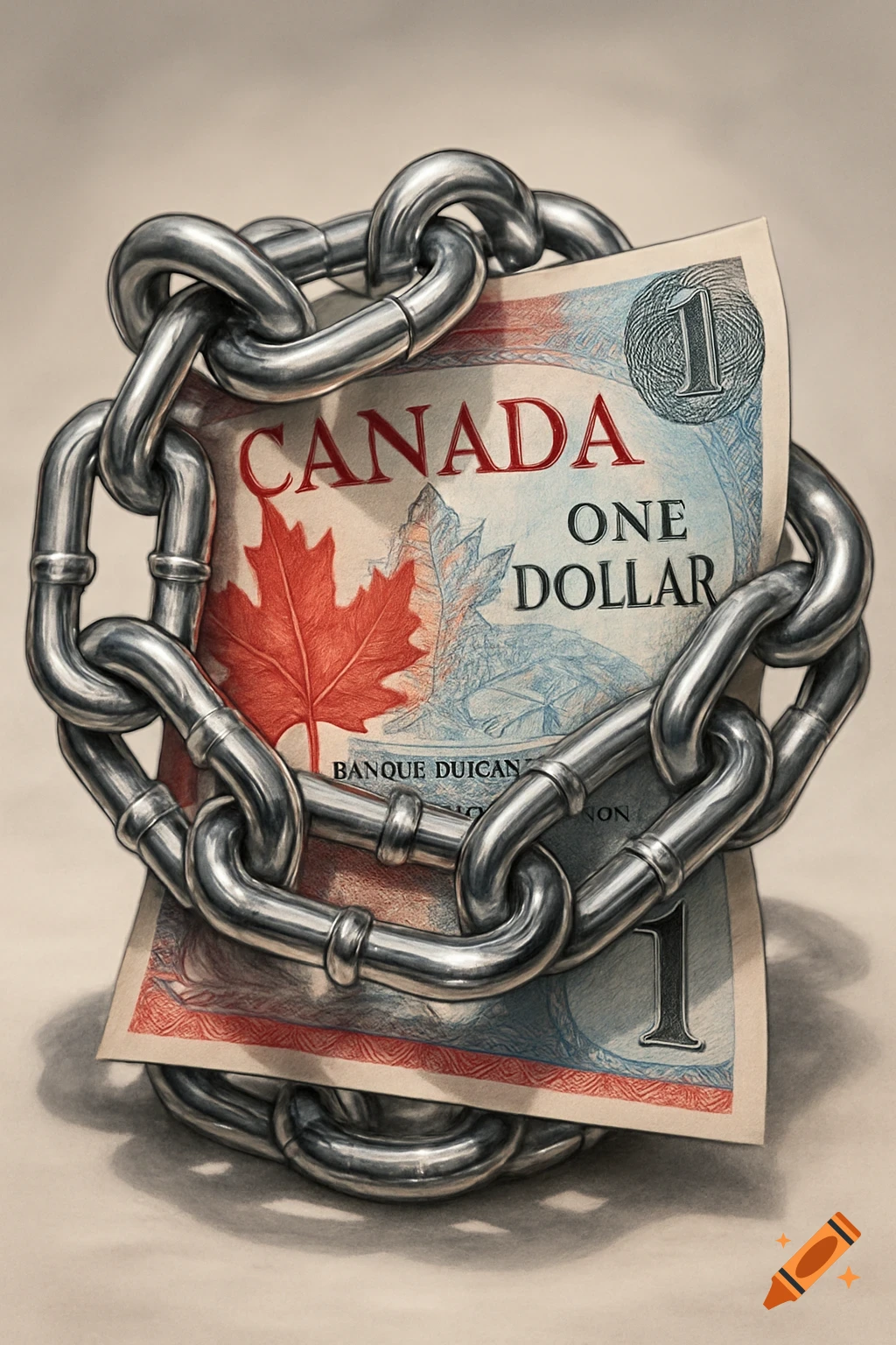 A Canadian dollar bill tightly wrapped in a metallic chain, with a large red maple leaf on the bill.