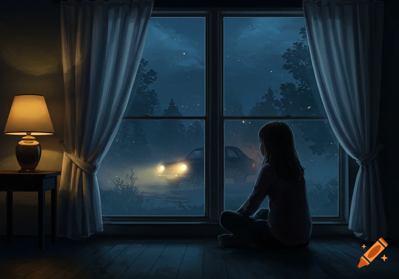 A young girl in silhouette sits by a window at night, looking out at a dark forest with a car's headlights on.