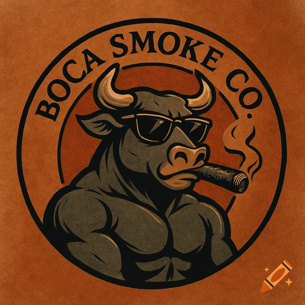 A stylized bull with sunglasses smokes a cigar, centered within a circular logo that reads "BOCA SMOKE CO." on a textured orange background.