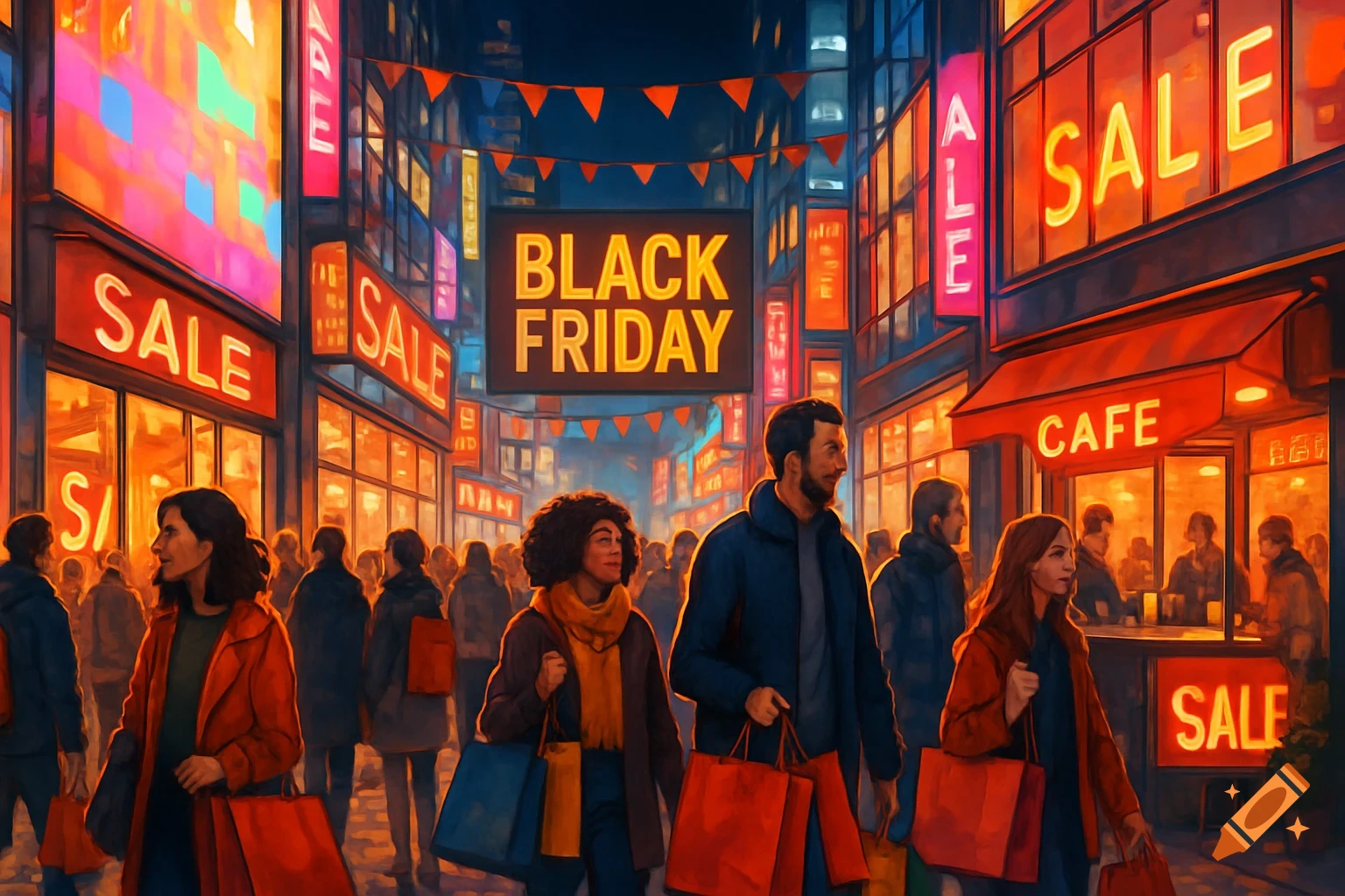 A vibrant, painterly scene of people carrying shopping bags on a busy city street lit by 'BLACK FRIDAY' and 'SALE' signs at night.