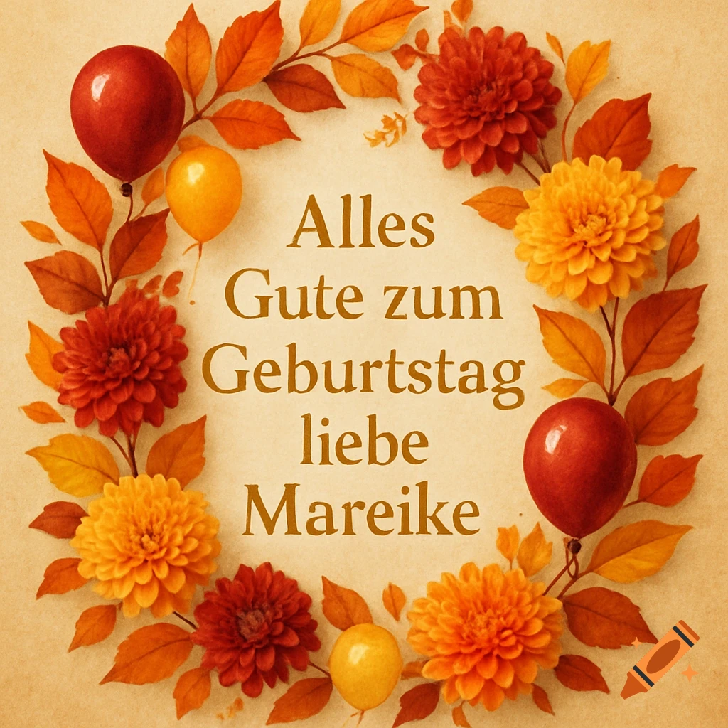 Birthday card with an autumn floral wreath of leaves, red and yellow chrysanthemums, balloons, and German text.