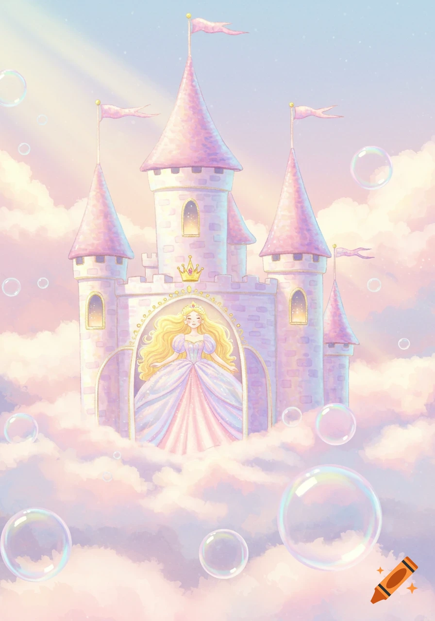 A cute illustration of a princess in a pink castle on pastel clouds, surrounded by bubbles in a soft sky.