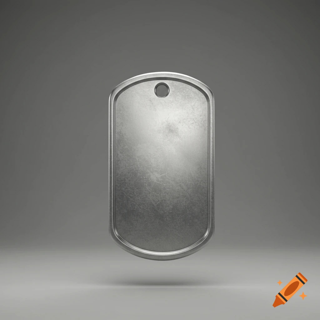 A blank, weathered metallic military dog tag with a hole at the top, centered on a gray background.