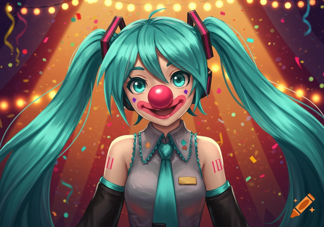 An anime girl with long teal pigtails, wearing a clown nose and makeup, smiles brightly amidst colorful confetti and party lights.