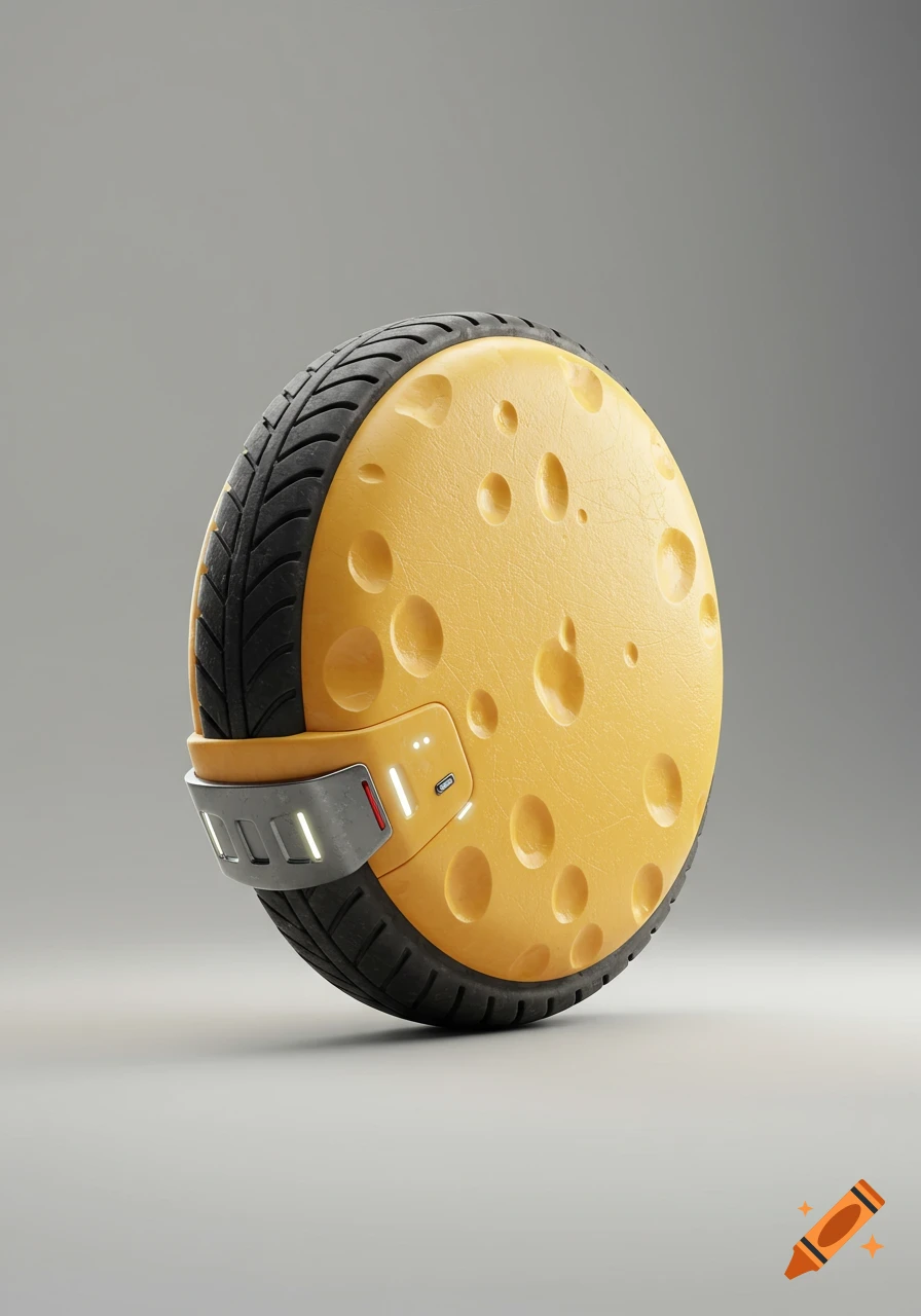 A futuristic one-wheeled land drone resembling a cheese wheel with tire treads and a metallic, illuminated band, against a grey background.
