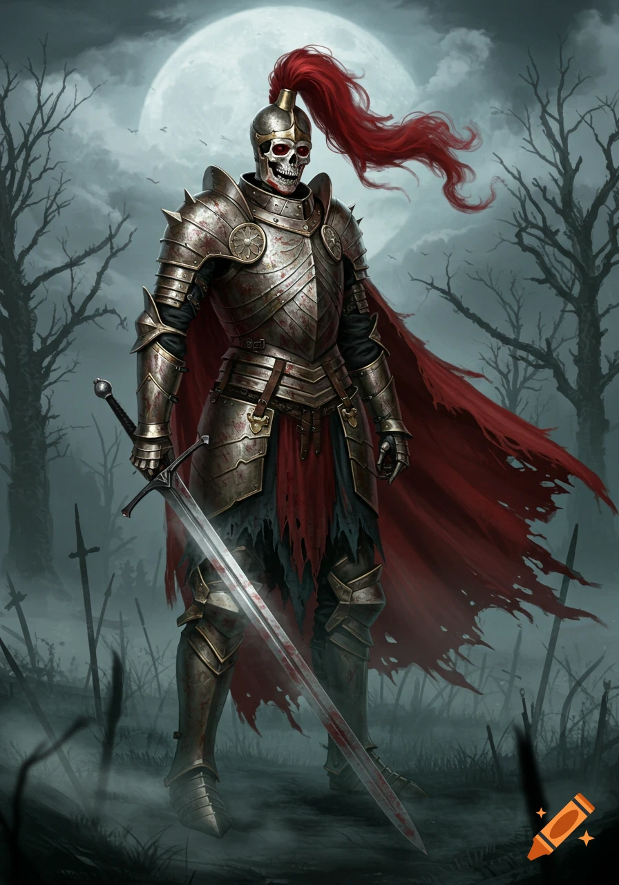 A skeleton knight in blood-splattered armor wields a rusty sword in a foggy, barren landscape under a full moon.
