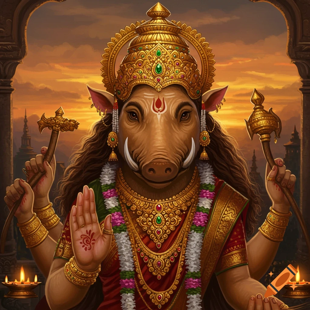 A multi-armed Hindu goddess with a detailed pig's head, tusks, golden crown, and ornate jewelry, holds ceremonial objects against a vivid sunset sky.