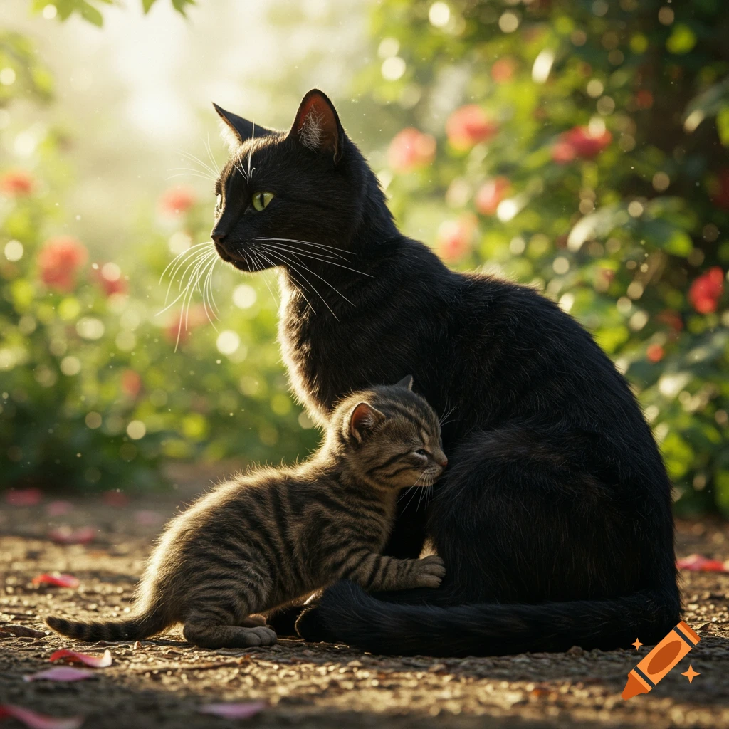 A black mother cat and a tabby kitten cuddle in a sunlit garden ...