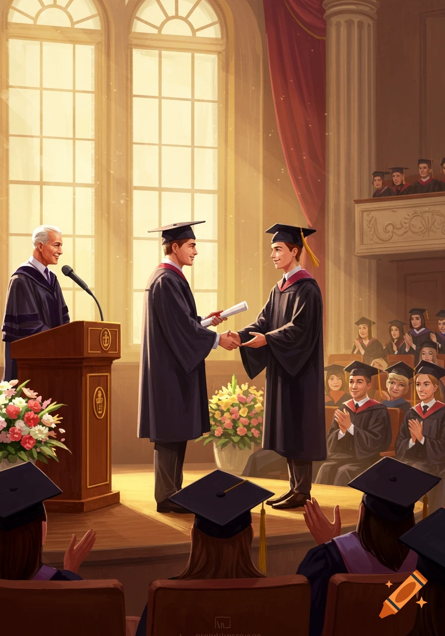 Two male graduates shake hands as one receives a diploma from an official during a sunlit graduation ceremony in a grand hall.