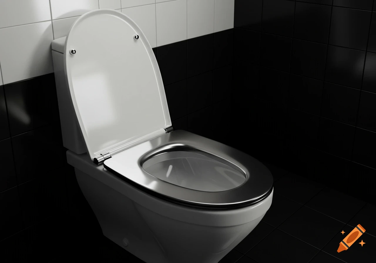 A modern white toilet with a metallic seat and lid up, against a wall with black and white tiles, in a photorealistic style.