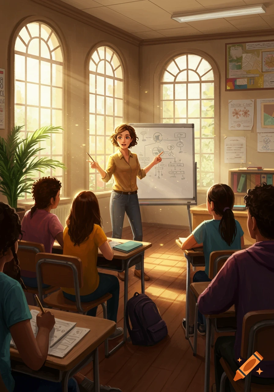An animated teacher points at a whiteboard while teaching a class of students in a sunlit classroom.