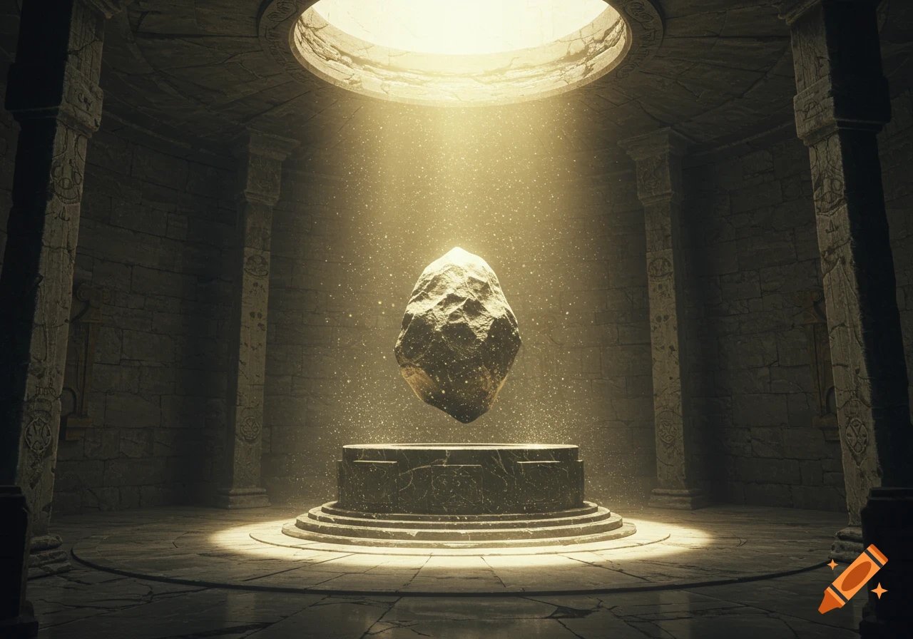 A large, rough rock floats above a circular pedestal in a grand stone room, illuminated by a beam of light from above.