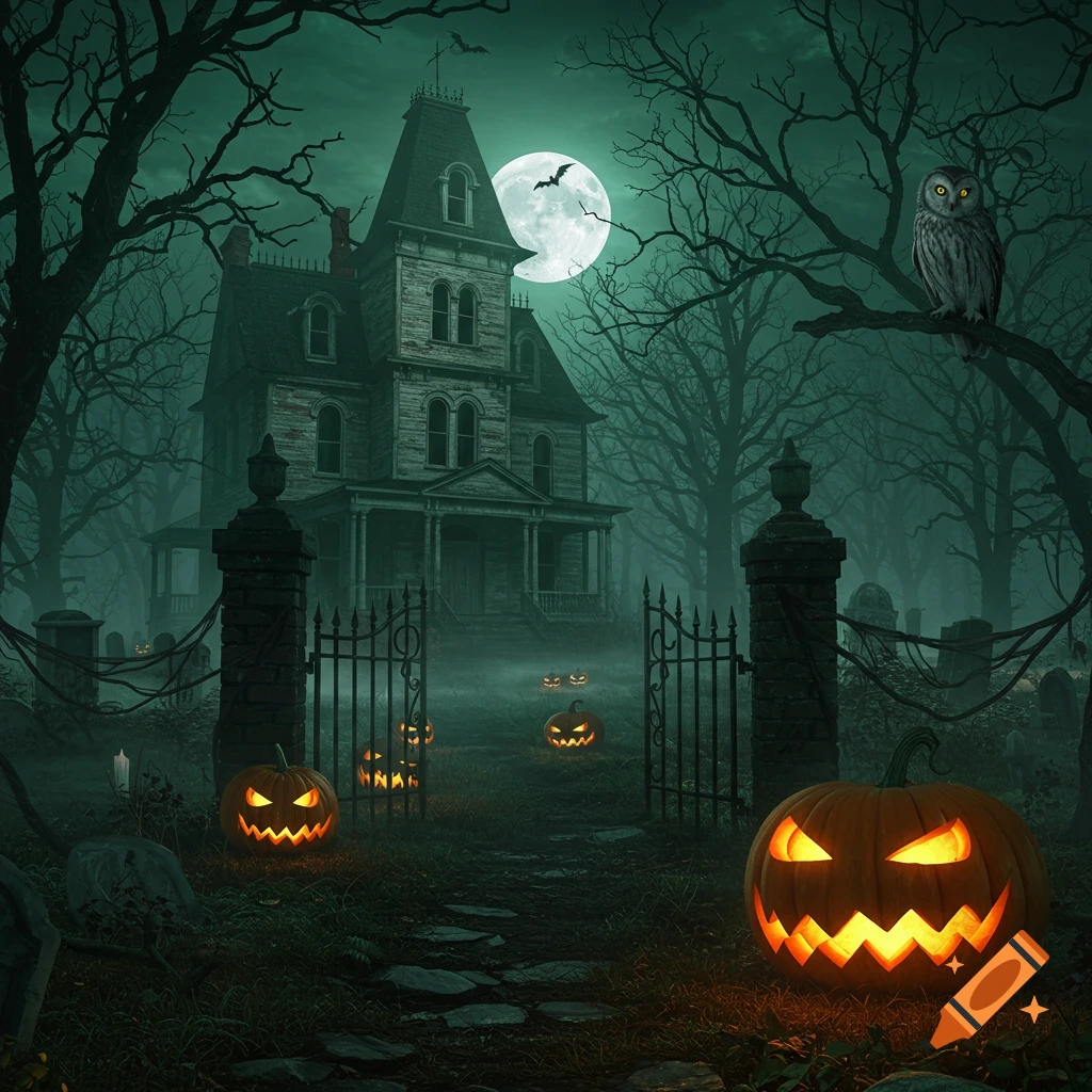 A spooky haunted house at night with a full moon, bare trees, an owl, and glowing jack-o'-lanterns.