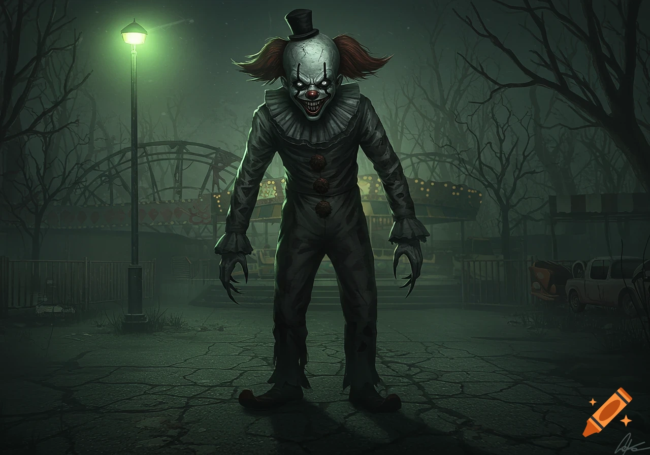 A menacing, scary clown with sharp teeth and claws stands in a dark, abandoned amusement park under a green streetlamp, in an illustrative horror style.