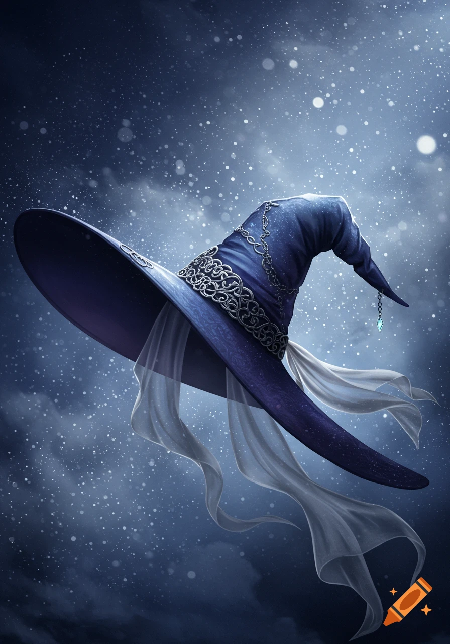 A dark blue witch hat with silver details and flowing white fabric against a starry night sky.
