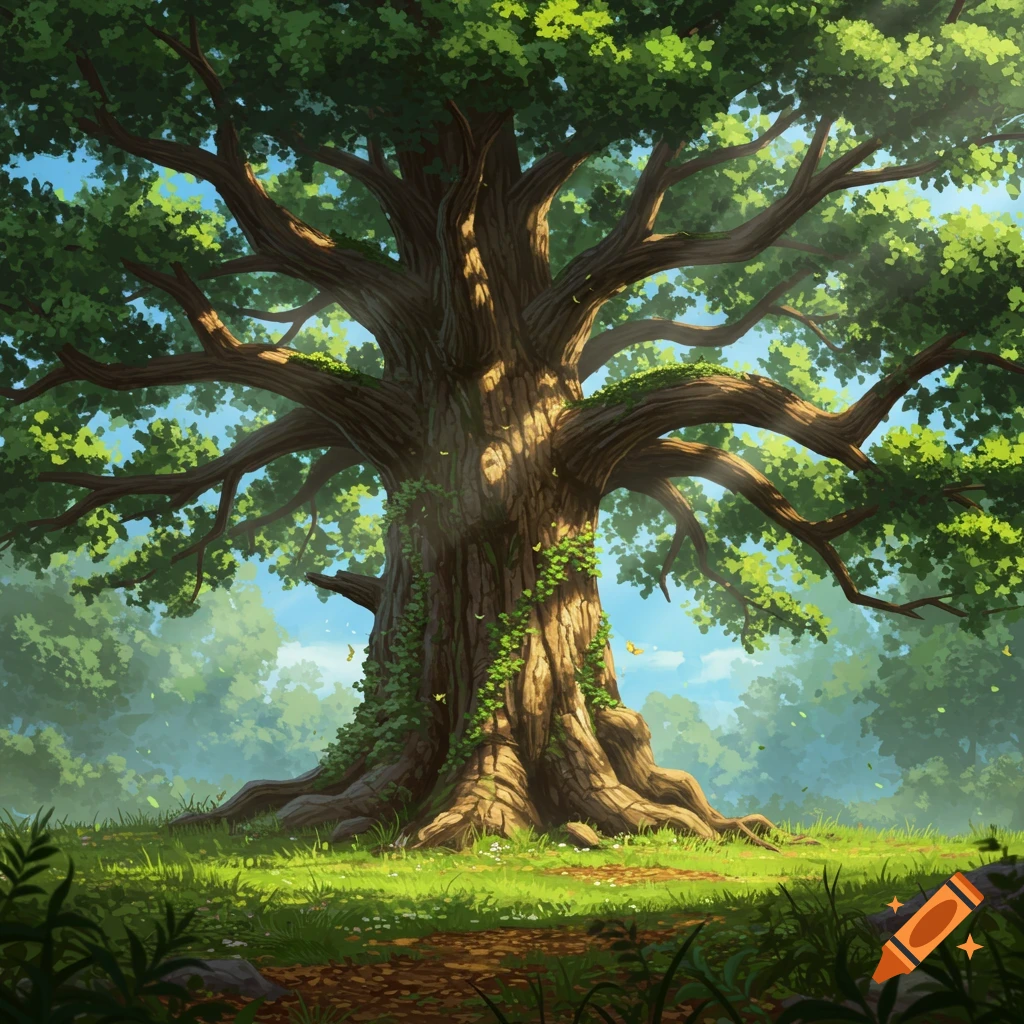 A vibrant, majestic old oak tree stands in a sunlit forest clearing with a path and green grass.