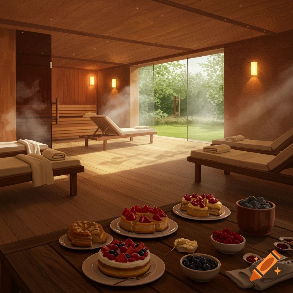 A serene spa area with a sauna, lounge chairs, and a table filled with various fruit cakes and fresh berries, overlooking a lush garden.