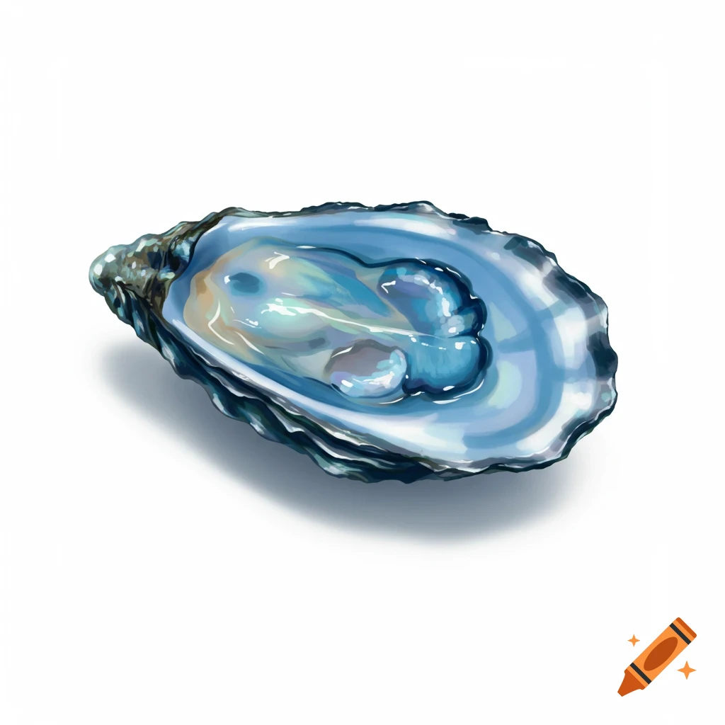 A vibrant blue oyster with iridescent highlights, isolated on a white background, in an illustrative style.