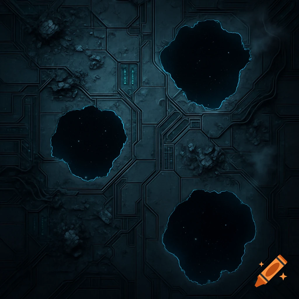 Top-down view of a dark blue sci-fi spaceship floor with debris, circuits, and three irregular holes showing starry space beneath.