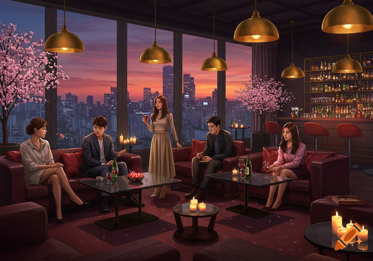 Illustrated scene of six people socializing in a stylish bar with cherry blossom trees and a city skyline at sunset.