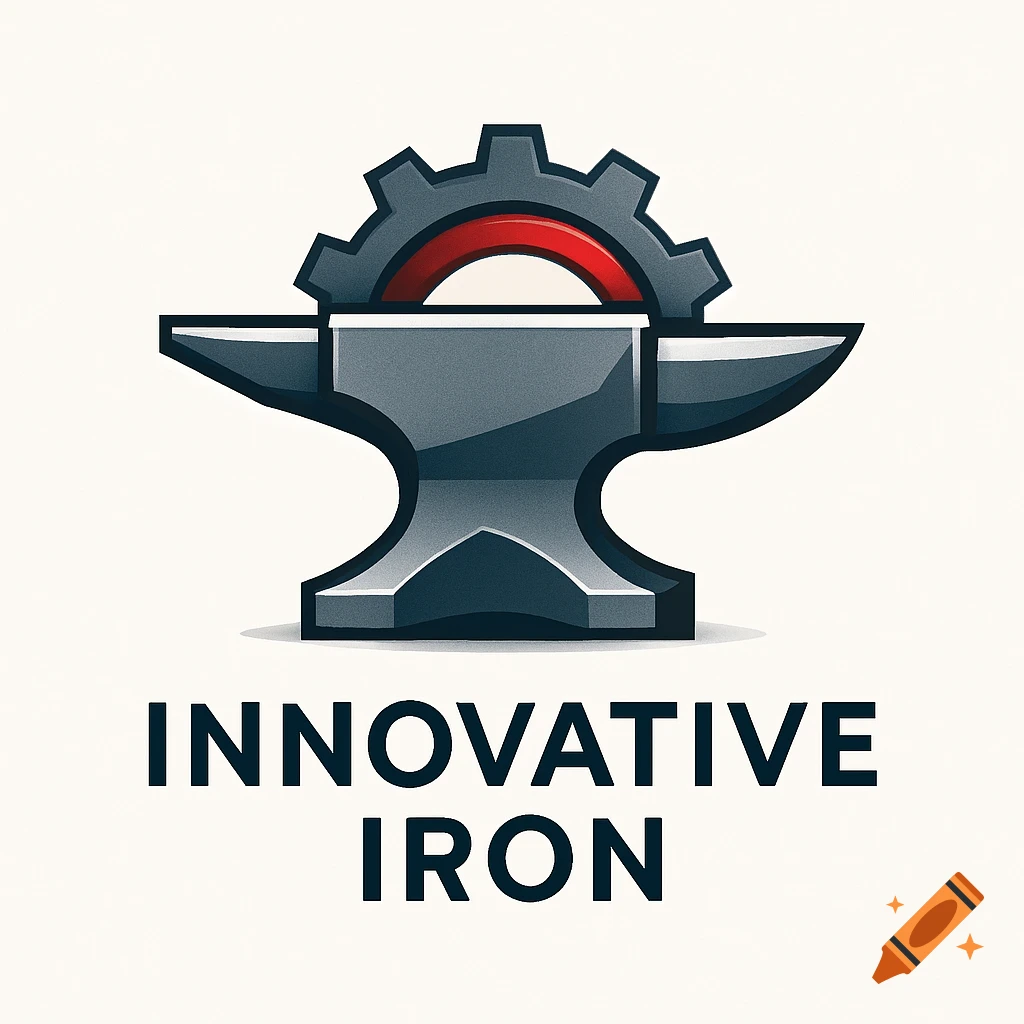 Logo with a grey anvil topped by a dark grey gear with a red arc, and text 'INNOVATIVE IRON' below.