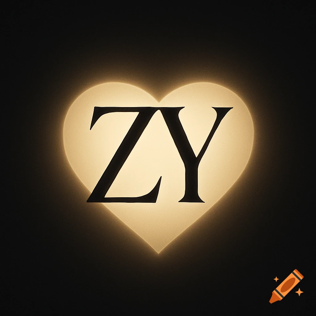Elegant ZY monogram in dark letters, centered within a softly glowing heart on a dark background.