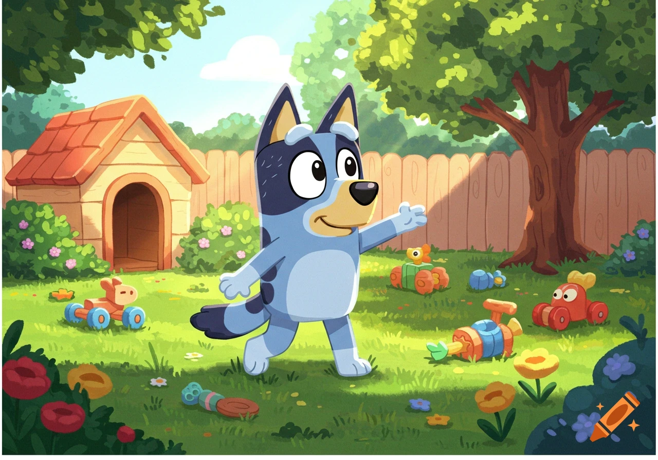 Bluey the cartoon dog stands in a sunny backyard with a dog house, tree, and colorful toys.