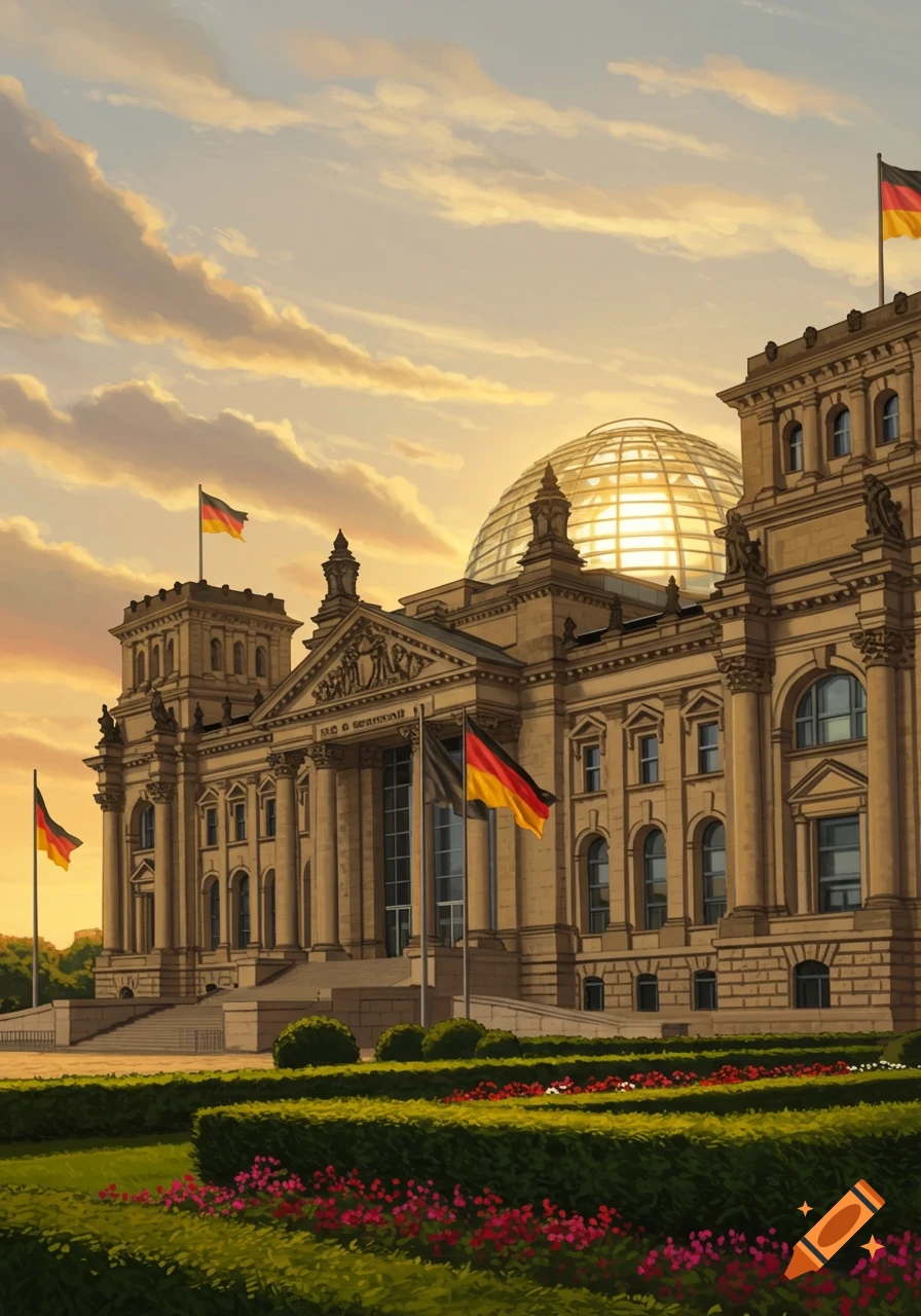 The Reichstag building in Berlin, Germany, at sunset with German flags and gardens in a stylized illustration.