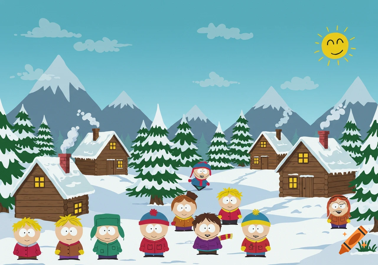 A group of South Park characters in a snowy mountain landscape with log cabins and pine trees under a smiling sun.