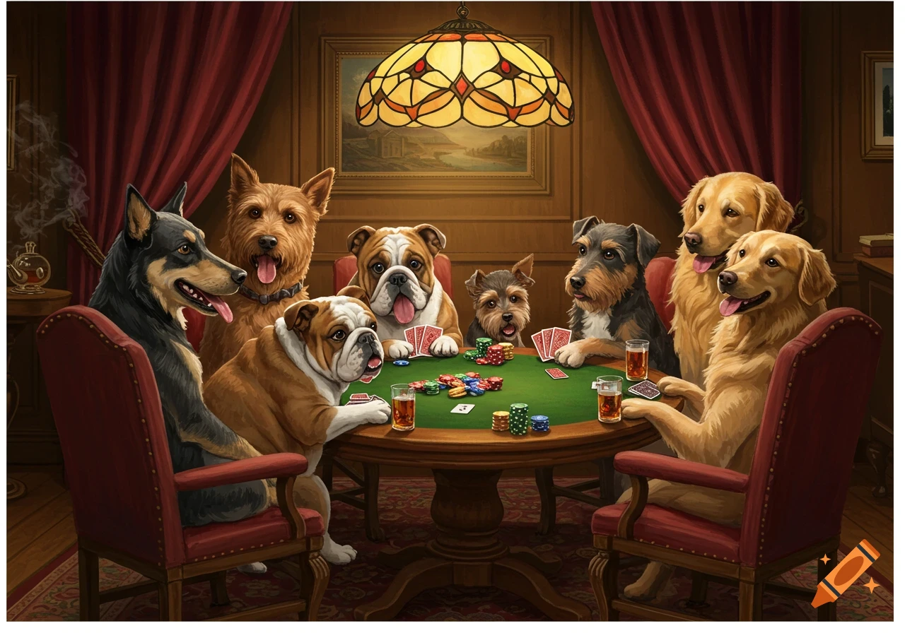 Various dog breeds playing poker around a green table in a luxurious room with a stained glass lamp.