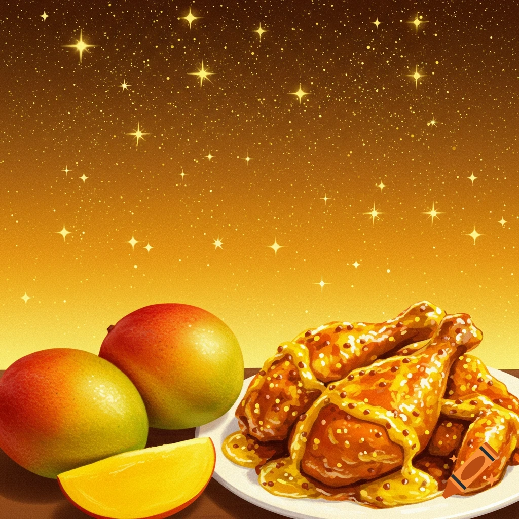 Two whole mangoes, a mango slice, and a plate of chicken pieces coated in mustard sauce against a golden, starry background.