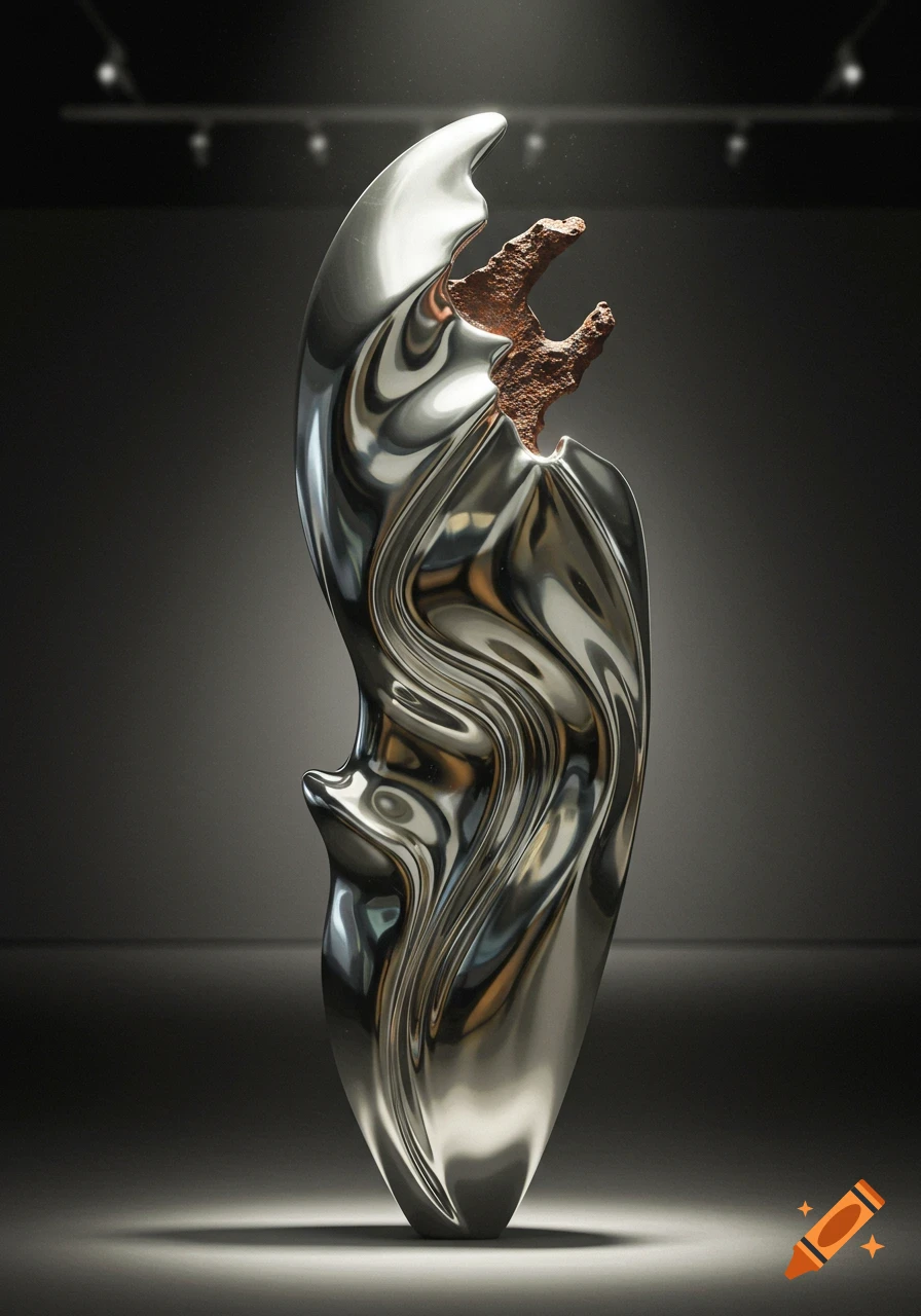 A polished, wavy chrome sculpture with a rough, reddish-brown, jagged section resembling an error or break, dimly lit in a dark gallery.