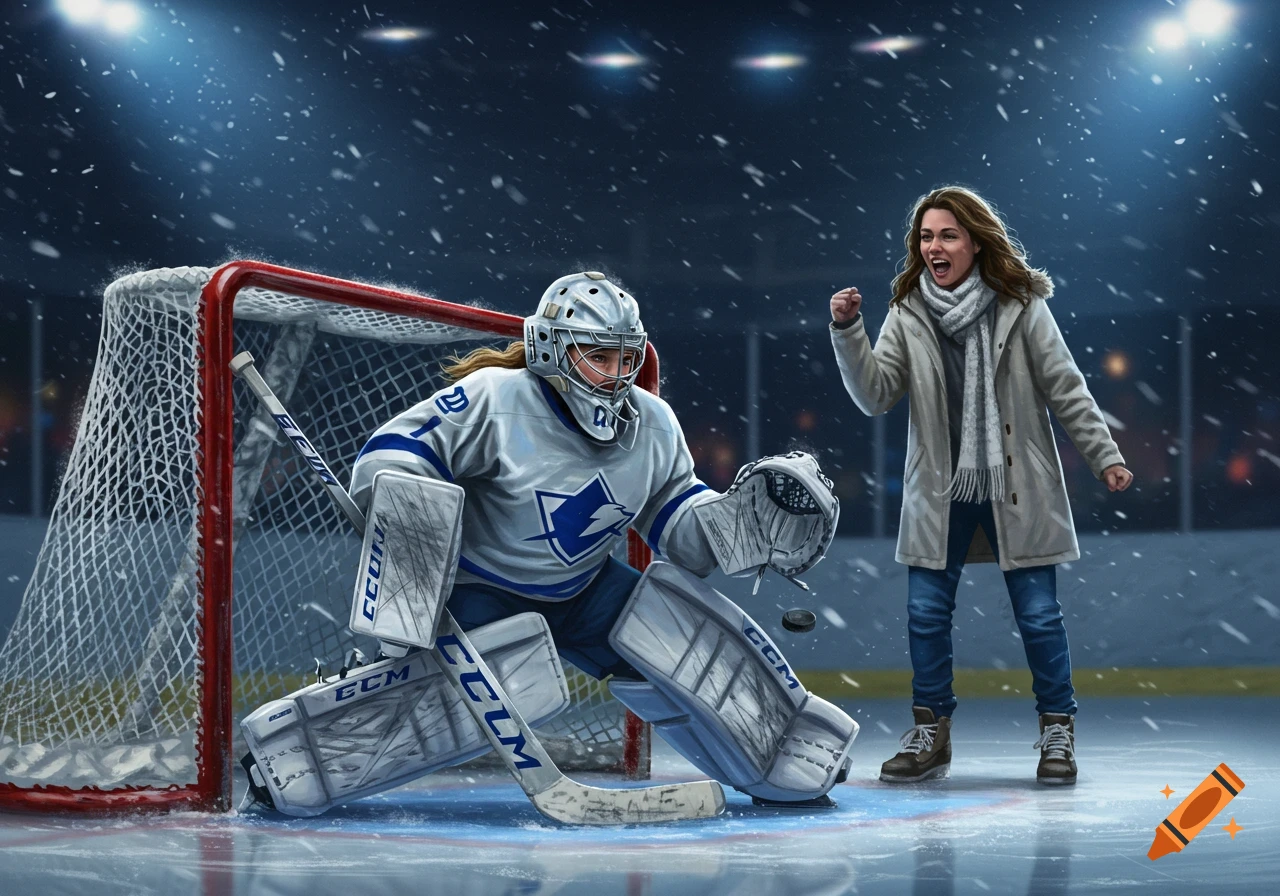 A female hockey goalie on an ice rink, with a cheering woman standing behind her, in a realistic illustration.